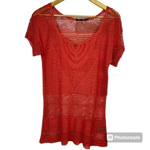 Nic + Zoe Short Sleeve Crochet Top Lightweight Red Orange Size Medium NWT